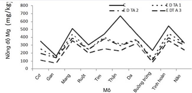 Hình 5. Biểu đồ biểu diễn nồng độ Mg trong mô nhóm đối chứng và nhóm thử nghiệm
